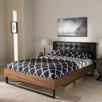 Baxton Studio BBT6652-Black-King Mitchell Rustic Industrial Walnut Wood Black Faux Leather Dark Bronze Metal King Size Platform Bed